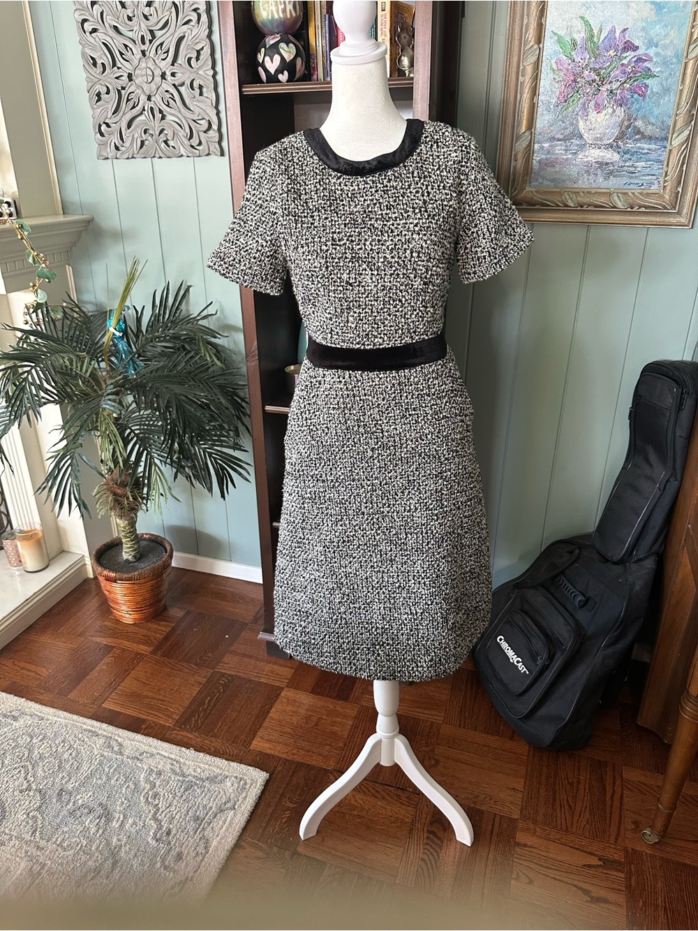 Black and White Wool Blend Tweed Pencil Skirt with Velvet Trim